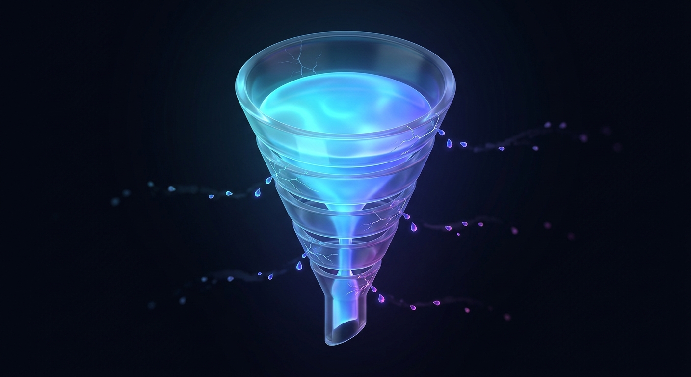 3D infographic of a five-tier glass conversion funnel leaking glowing revenue droplets through cracks at every stage